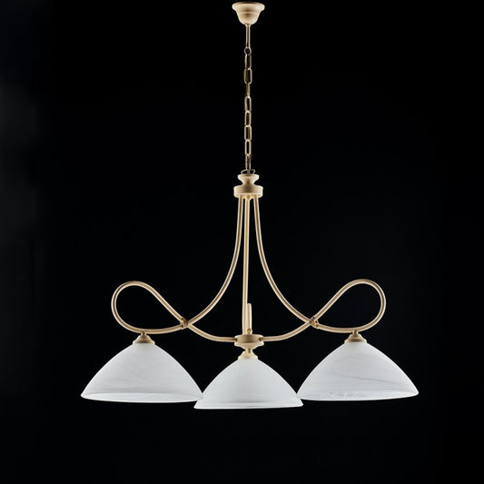 Araña de hierro decape marfil tres luces pantalla de cristal de alabastro blanco 78x h65 cm