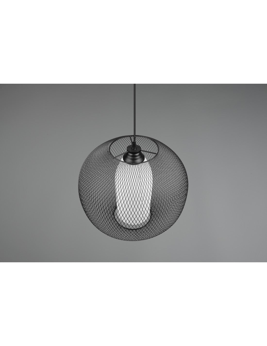 Difusor de lámpara de suspensión, jaula redonda de metal negro con iluminación de trío de alambre de vidrio opalino