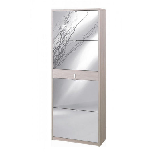 Zapatero con cuatro puertas de espejo y un cajón en Light Olmo 63x29x h164 cm