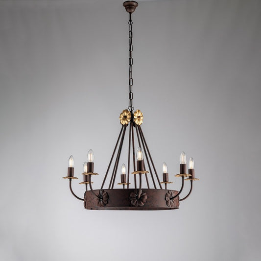 Lámpara de araña de hierro Rusty Black con acabado Empire Gold, ocho luces 76x h57 cm