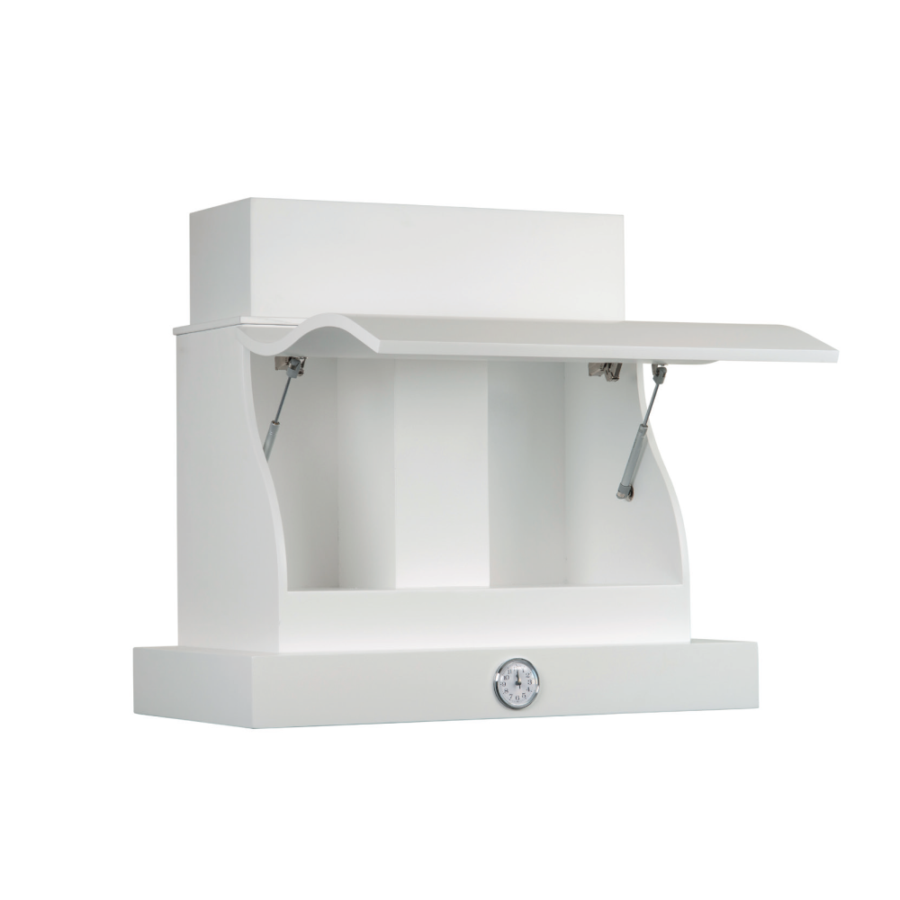 Campana de cocina rústica blanca FORMA ABIERTA con estructura de madera y reloj de 120 cm