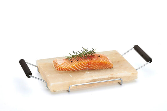 Plato de sal rectangular con estructura de metal y mangos de madera de wengué