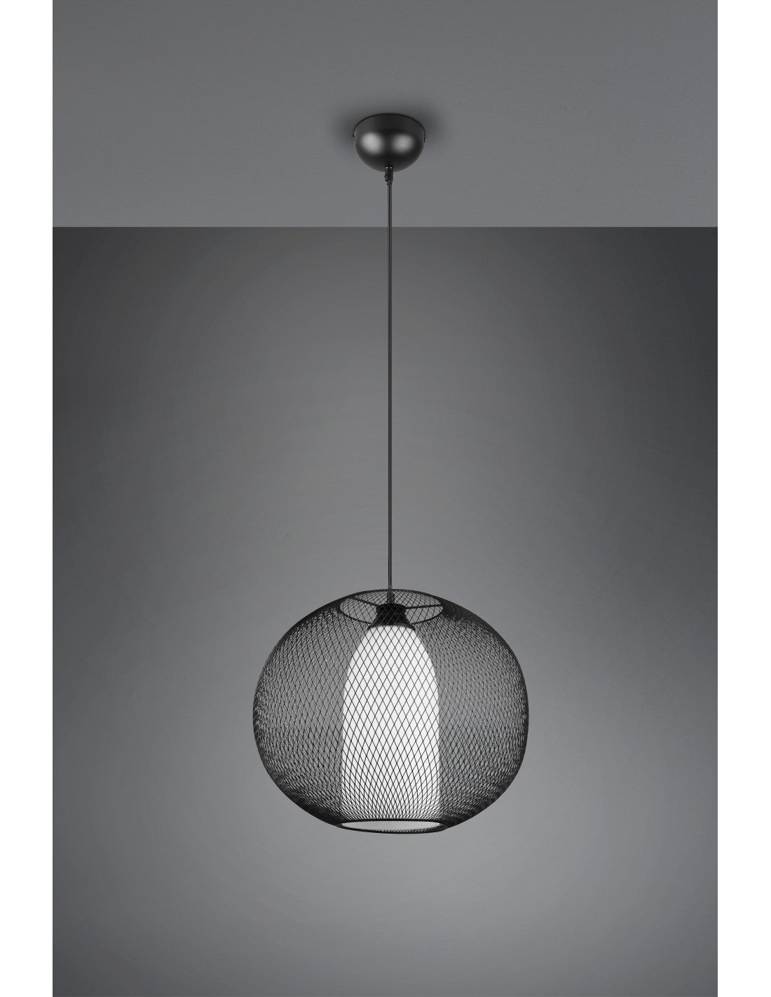 Difusor de lámpara de suspensión, jaula redonda de metal negro con iluminación de trío de alambre de vidrio opalino