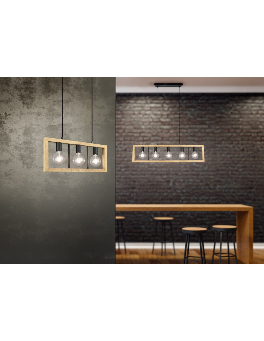 Lámpara de araña rectangular de madera Agra, 5 luces, iluminación en trío de madera natural y negro