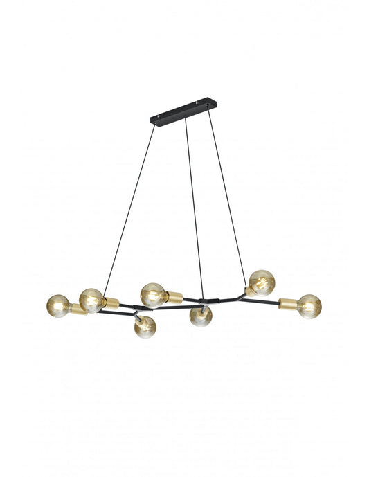 Lámpara de suspensión mínima, 7 luces, cruz, iluminación en trío negro y dorado