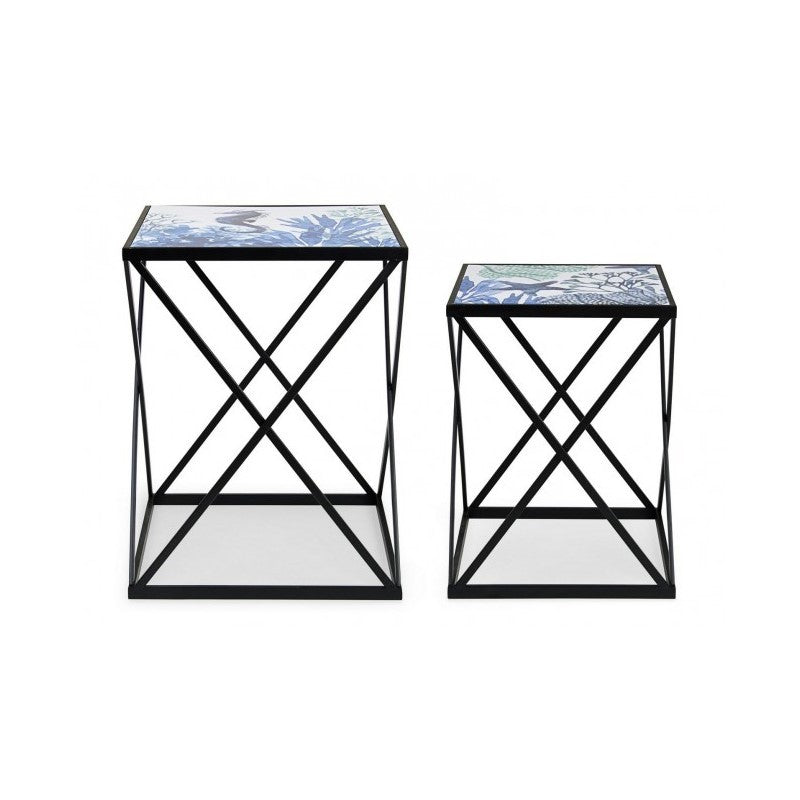 Juego de mesas de centro de 2 piezas de acero negro con estampado marino REEF K04