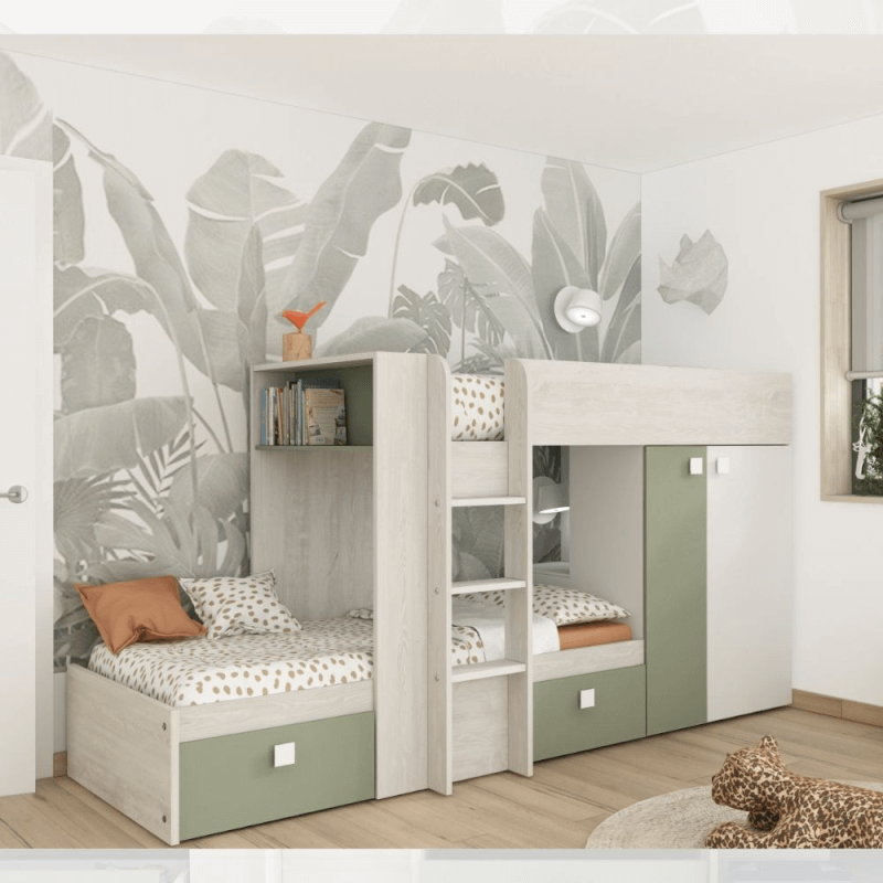 Litera 1268 vintage blanca y verde con armario y cajones