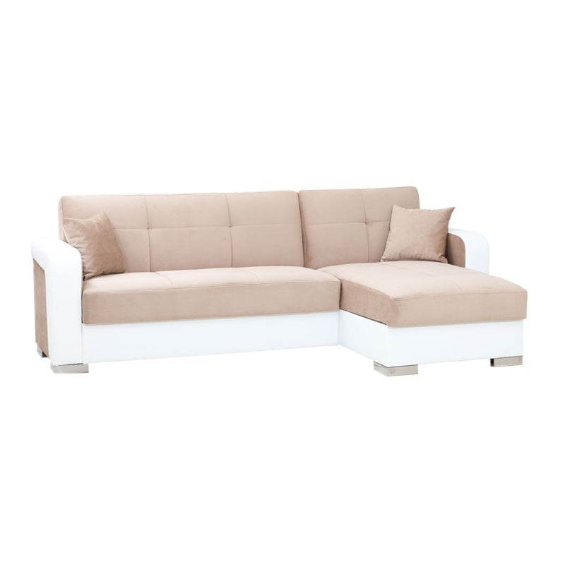 Sofá cama efecto piel blanca y tela beige con península a la derecha 240x140xh.88 cm