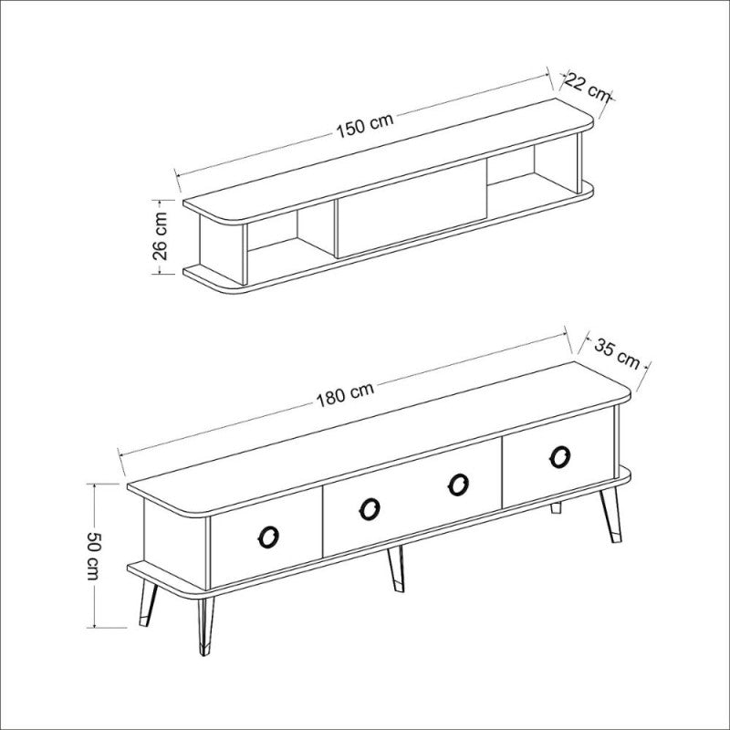 Mueble TV con mueble alto Bientv 180 efecto mármol negro con detalles plateados