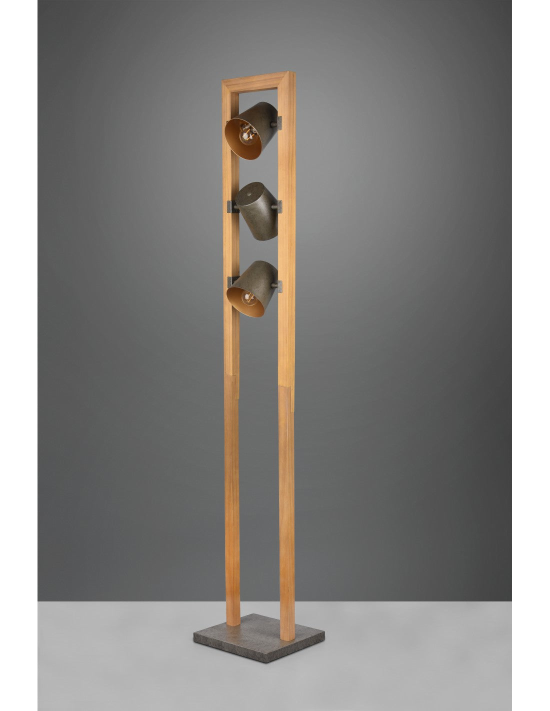 Lámpara de pie de madera vintage con 3 focos cónicos ajustables, iluminación en trío de campanas de metal y níquel