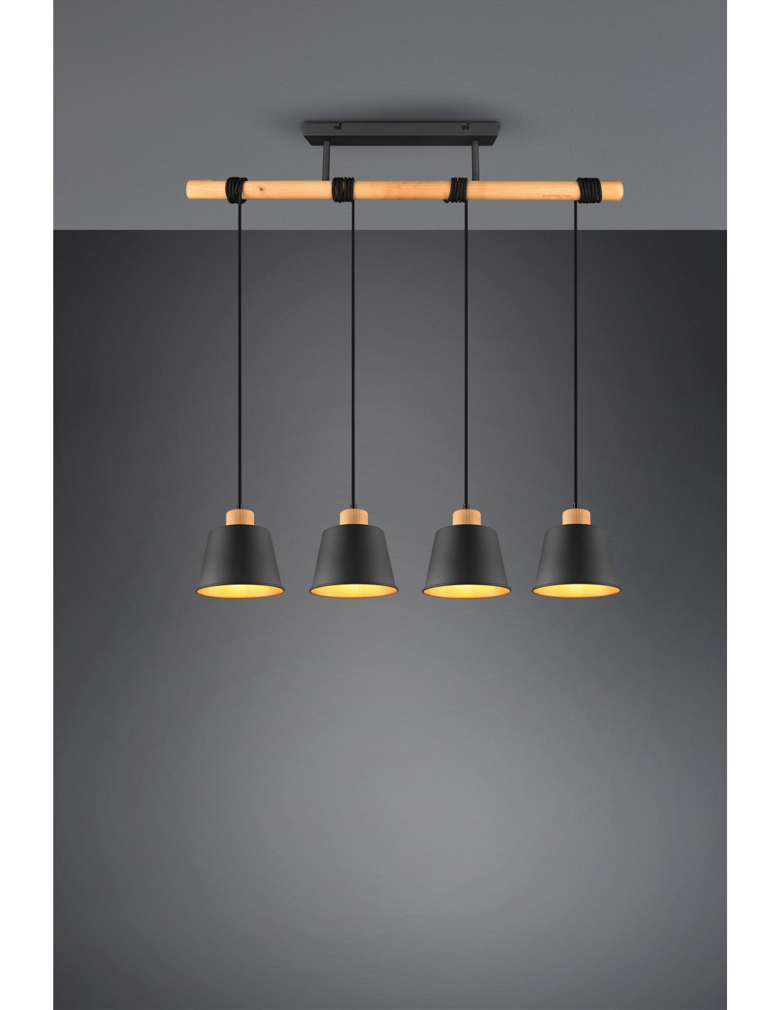Lámpara de araña de barra de madera con 4 pantallas, iluminación Harris Trio de oro negro