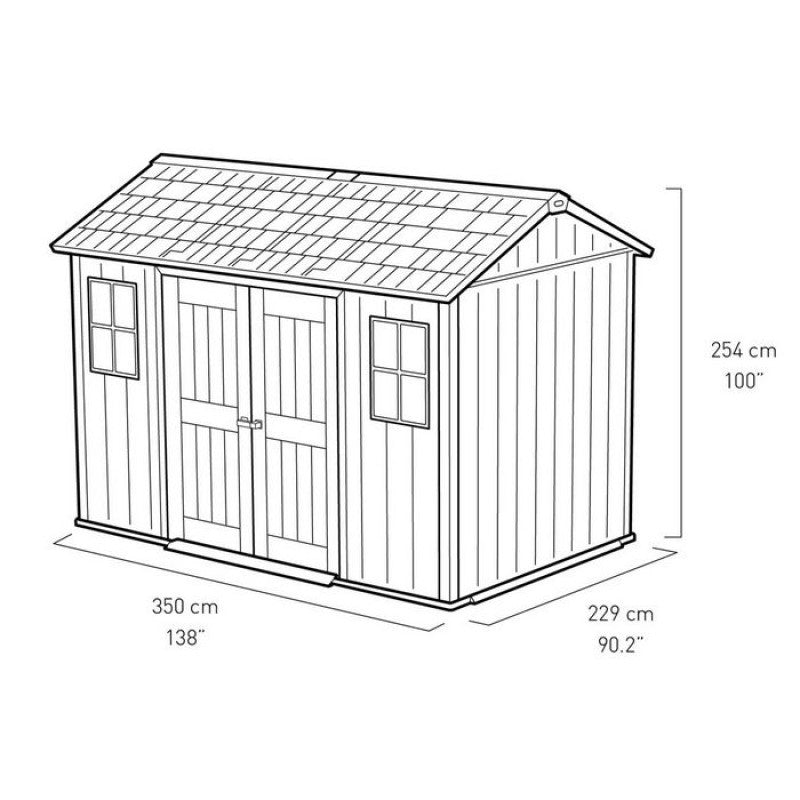 Casita en duotech gris pintable efecto madera 2 puertas y 2 ventanas 350x229xh.254 cm