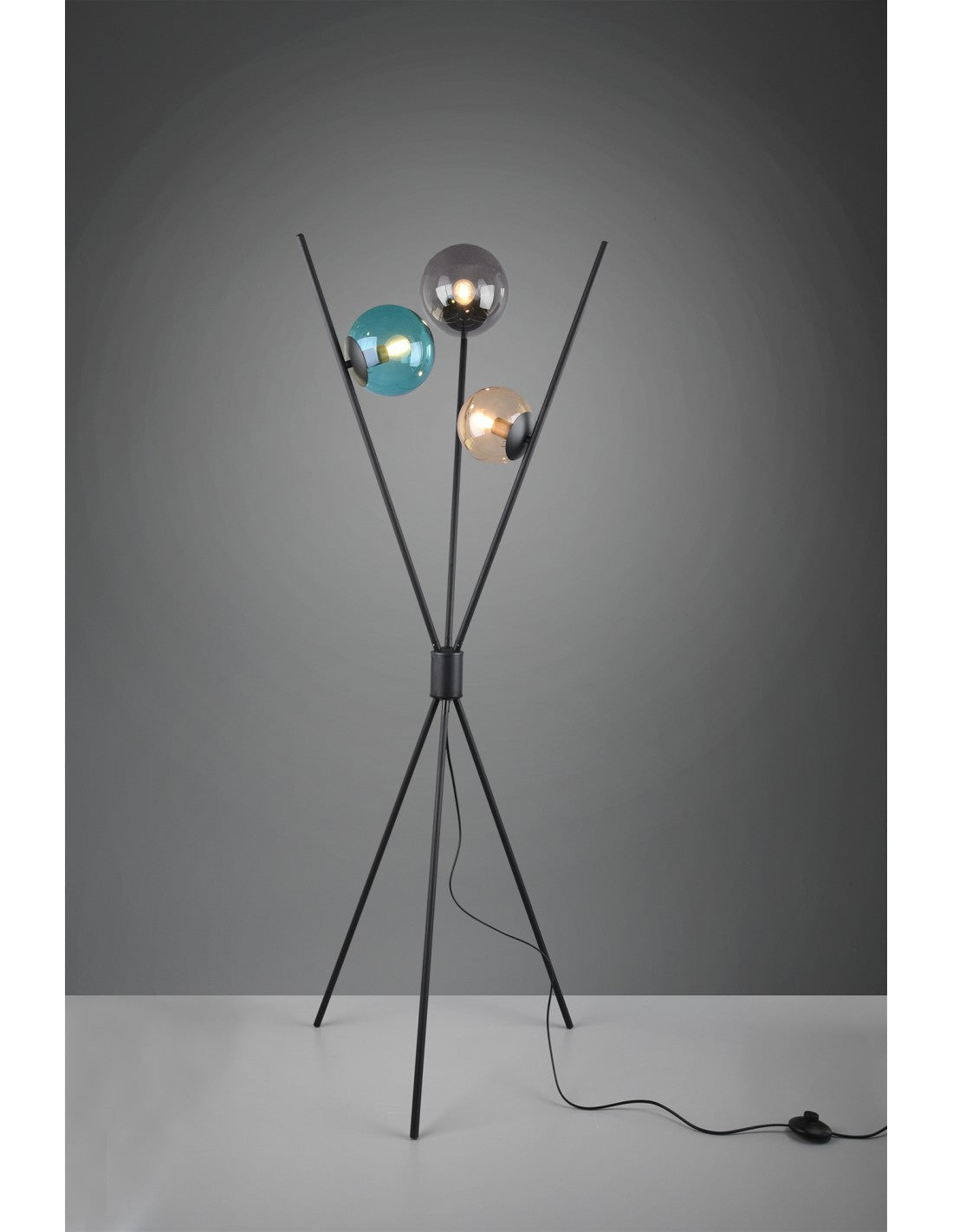 Lámpara de Pie Moderna Trípode Negro 3 Esferas de Cristal Multicolor Lance Trio Lighting