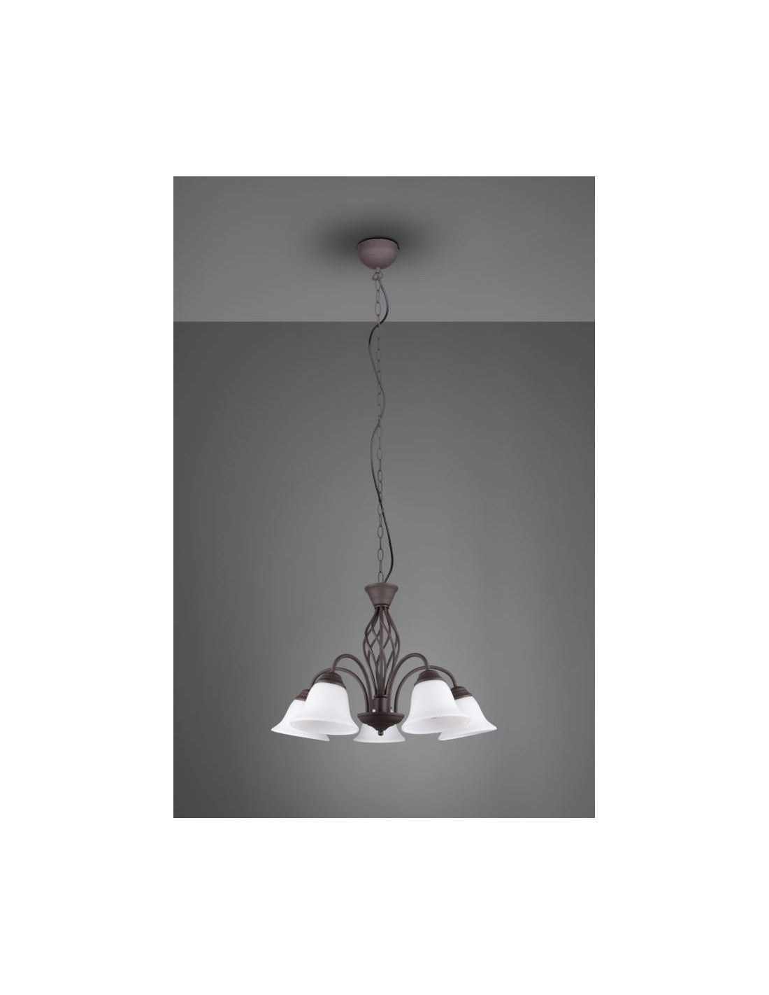 Araña de suspensión rústica, 5 luces, copas de vidrio blanco óxido, iluminación en trío
