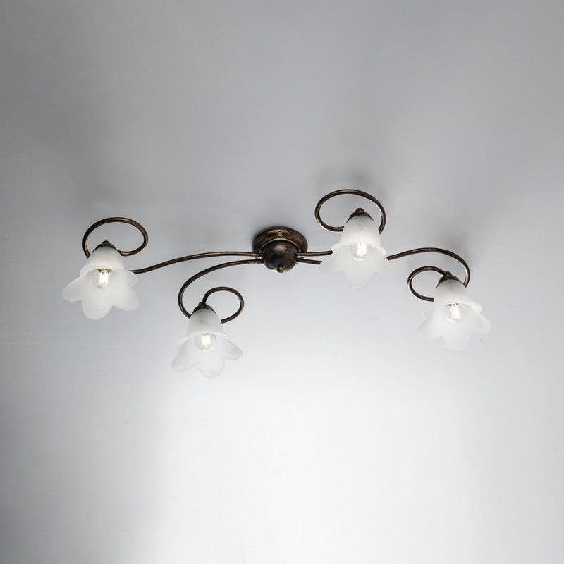 Plafón de hierro marrón dorado cuatro luces Pantalla de cristal blanco 87x40x h17 cm