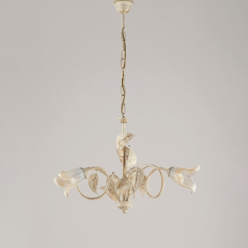 Araña de hierro Marfil Oro Vidrio Blanco Ámbar tres luces 58x h43 cm