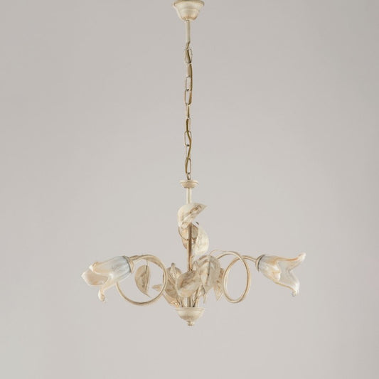 Araña de hierro Marfil Oro Vidrio Blanco Ámbar tres luces 58x h43 cm