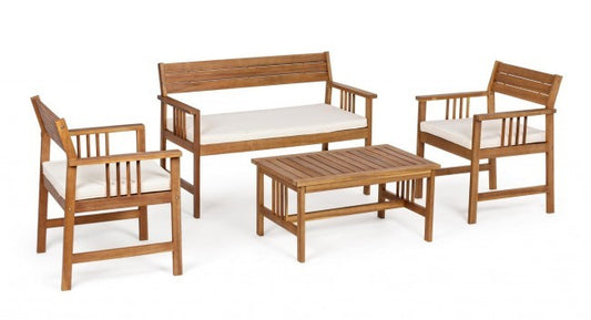 Conjunto de salón Noemí de madera de acacia con cojines.