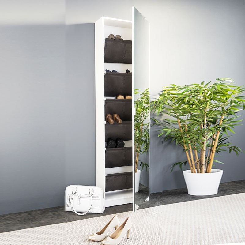 Zapatero con 1 puerta espejo, estructura blanca, 51x22xh.181 cm