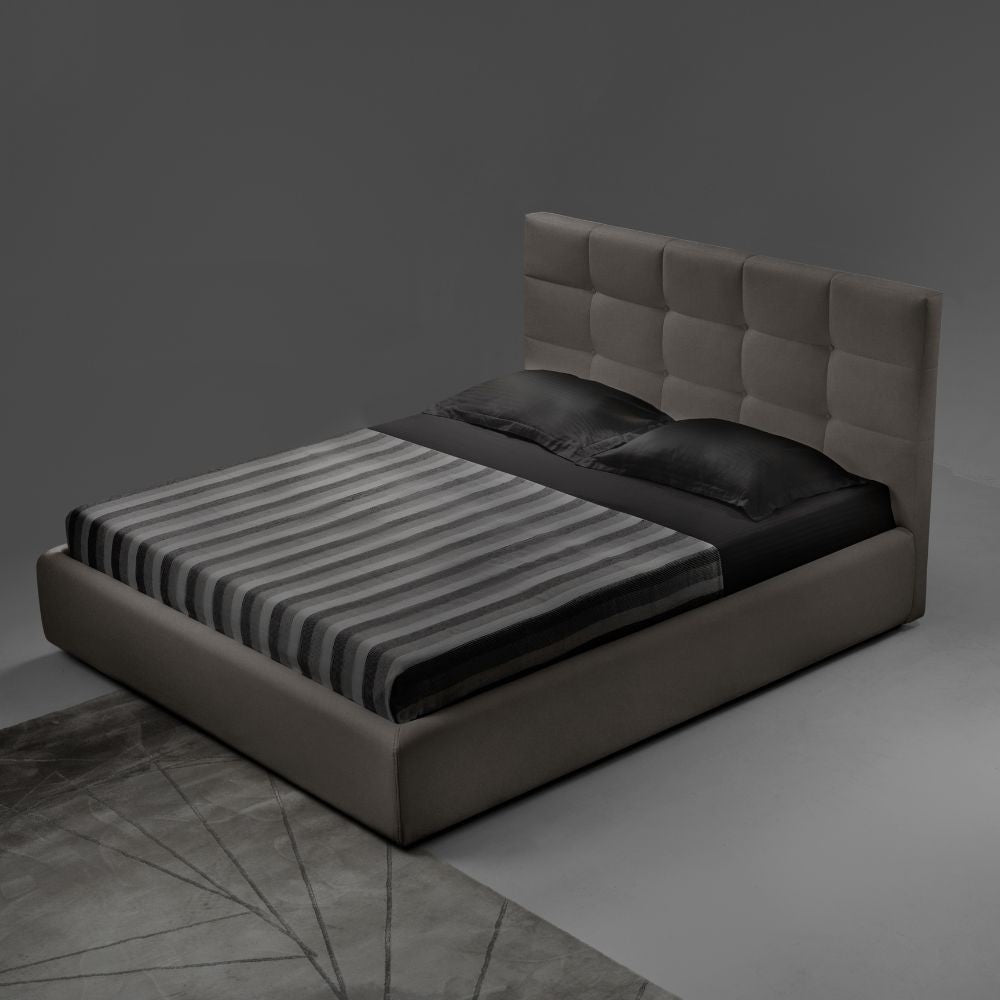 Cama doble Napoli de tela gris tórtola con contenedor