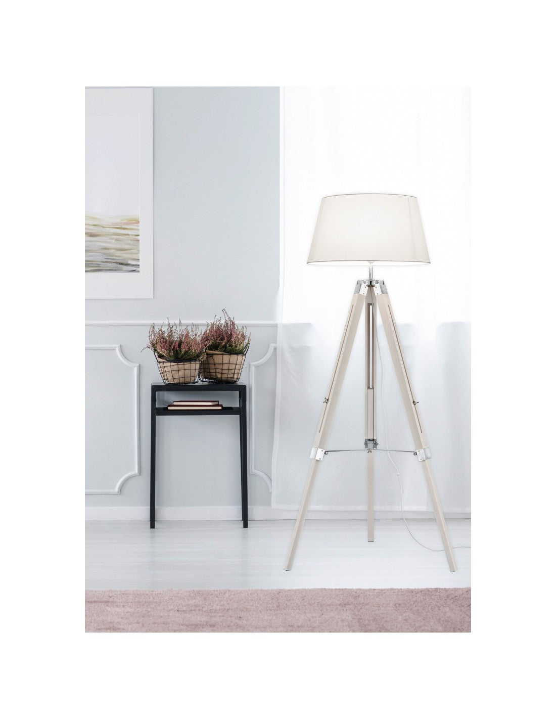 Lámpara de pie moderna trípode de madera trípode de tela blanca Al. 143 cm Trio Lighting