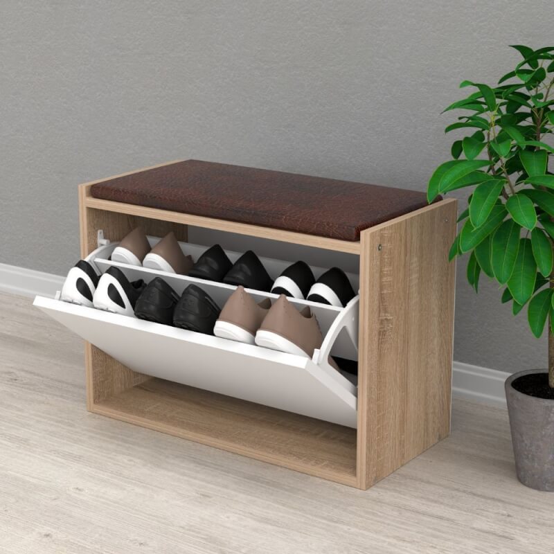 Zapatero baúl susa blanco y sonoma con cojín acolchado