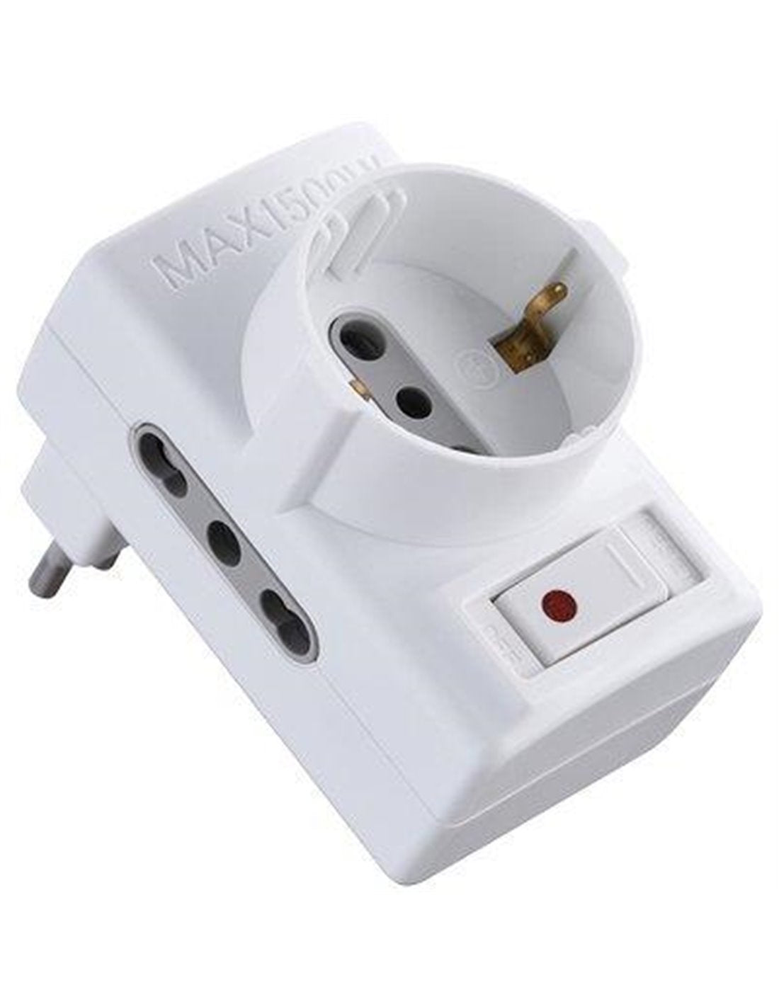 Adaptador triple con interruptor térmico y bases de enchufe bipas y schuko Electraline blanco 2P+T asimétrico
