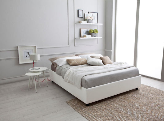 Cama individual con estructura de madera y polipiel blanca 168x205x26h cm