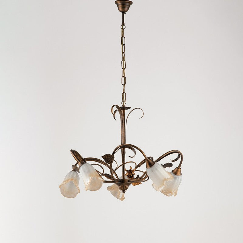 Lámpara colgante de hierro Hojas de oro marrón cinco luces 60x h47 cm
