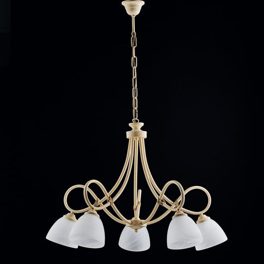 Araña de hierro decape marfil cinco luces pantalla de cristal de alabastro blanco 69x h52 cm