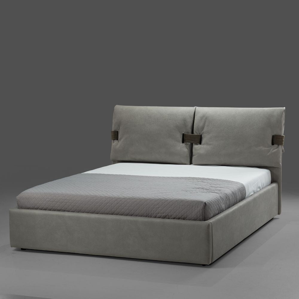 Cama doble con almacenaje en ecopiel gris Grenoble
