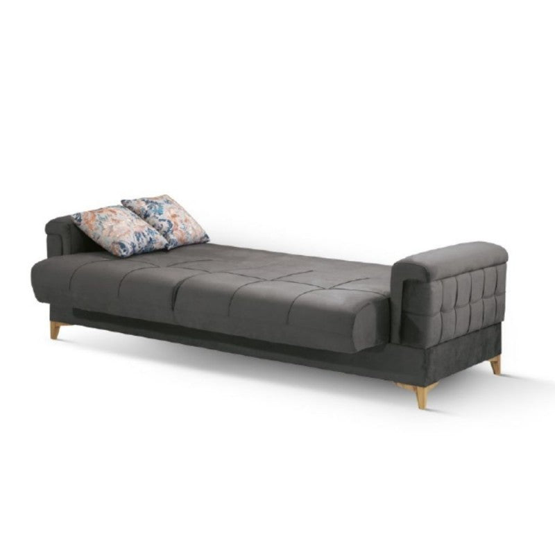 KEMER Sofá cama de tres plazas con almacenaje en madera y tela Gris Oscuro 219x99x h87 cm