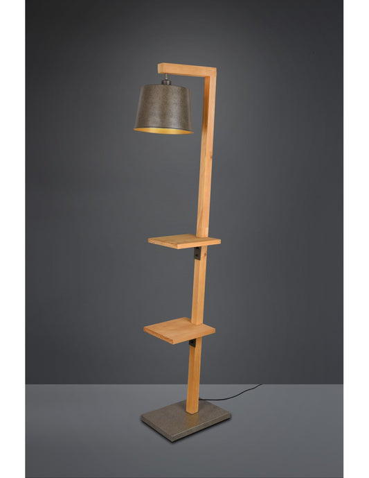Lámpara de pie vintage estantes de madera pantalla níquel Rodrigo Trio Lighting