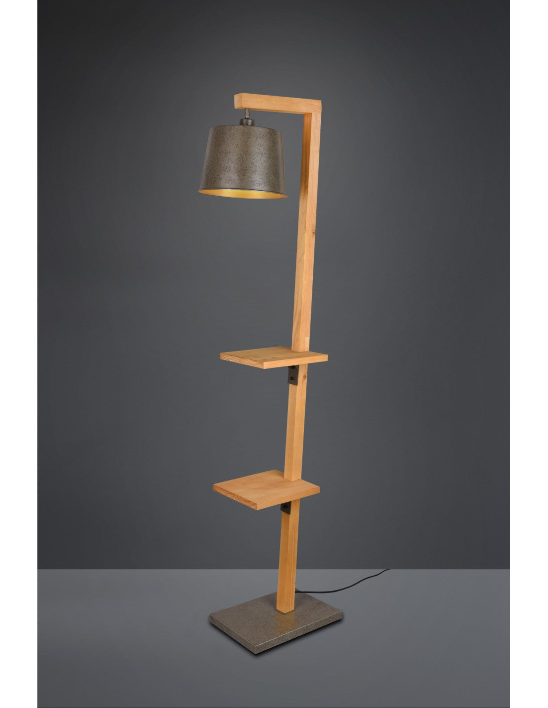 Lámpara de pie vintage estantes de madera pantalla níquel Rodrigo Trio Lighting
