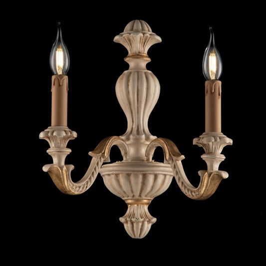 Aplique de madera con dos luces en pan de oro y marfil 31x h40 cm