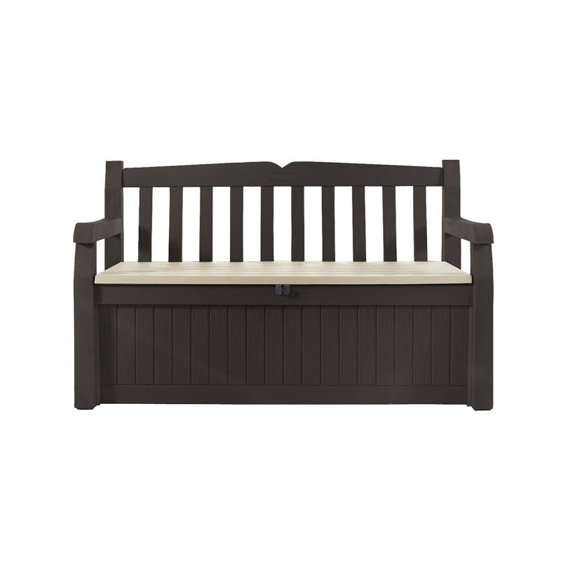 Cómoda de resina con acabado efecto madera, marrón con asiento beige 140x60xh.84 cm