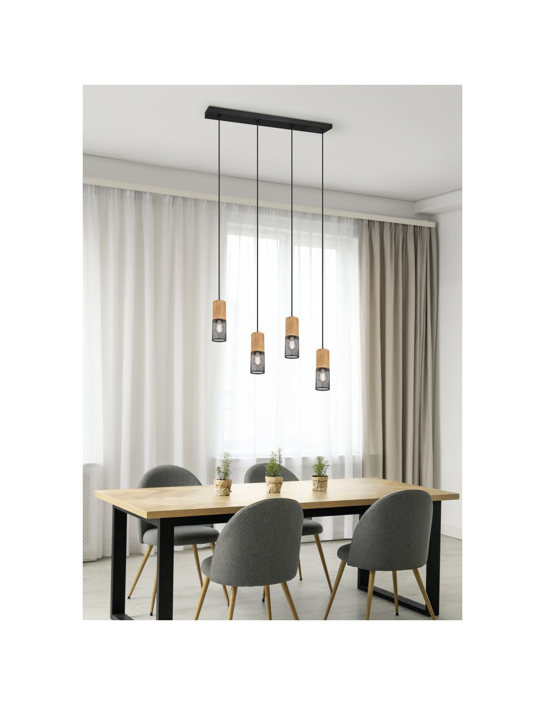 Tosh Suspensión Negro 4xE27 Jaula de madera y metal L65 cm Trio Lighting