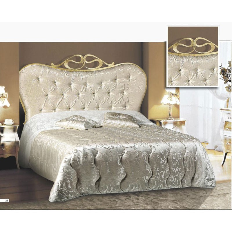 Cama doble de hierro con cabecero acolchado en tejido damasco 172x202xh.140 cm