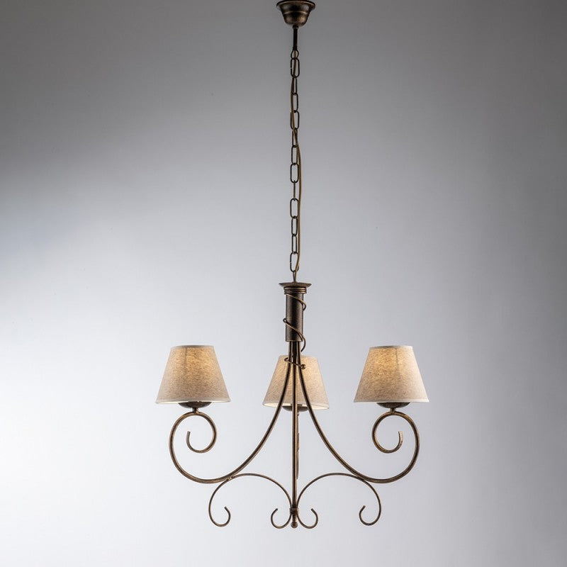 Lámpara de araña Viena de hierro Marrón Dorado tres luces pantalla 52x h58 cm