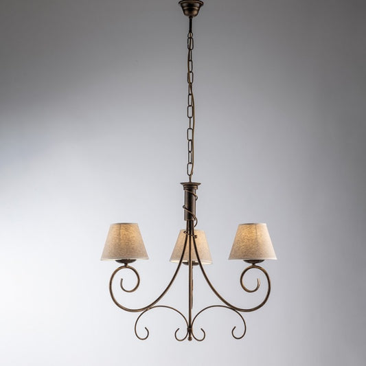 Lámpara de araña Viena de hierro Marrón Dorado tres luces pantalla 52x h58 cm
