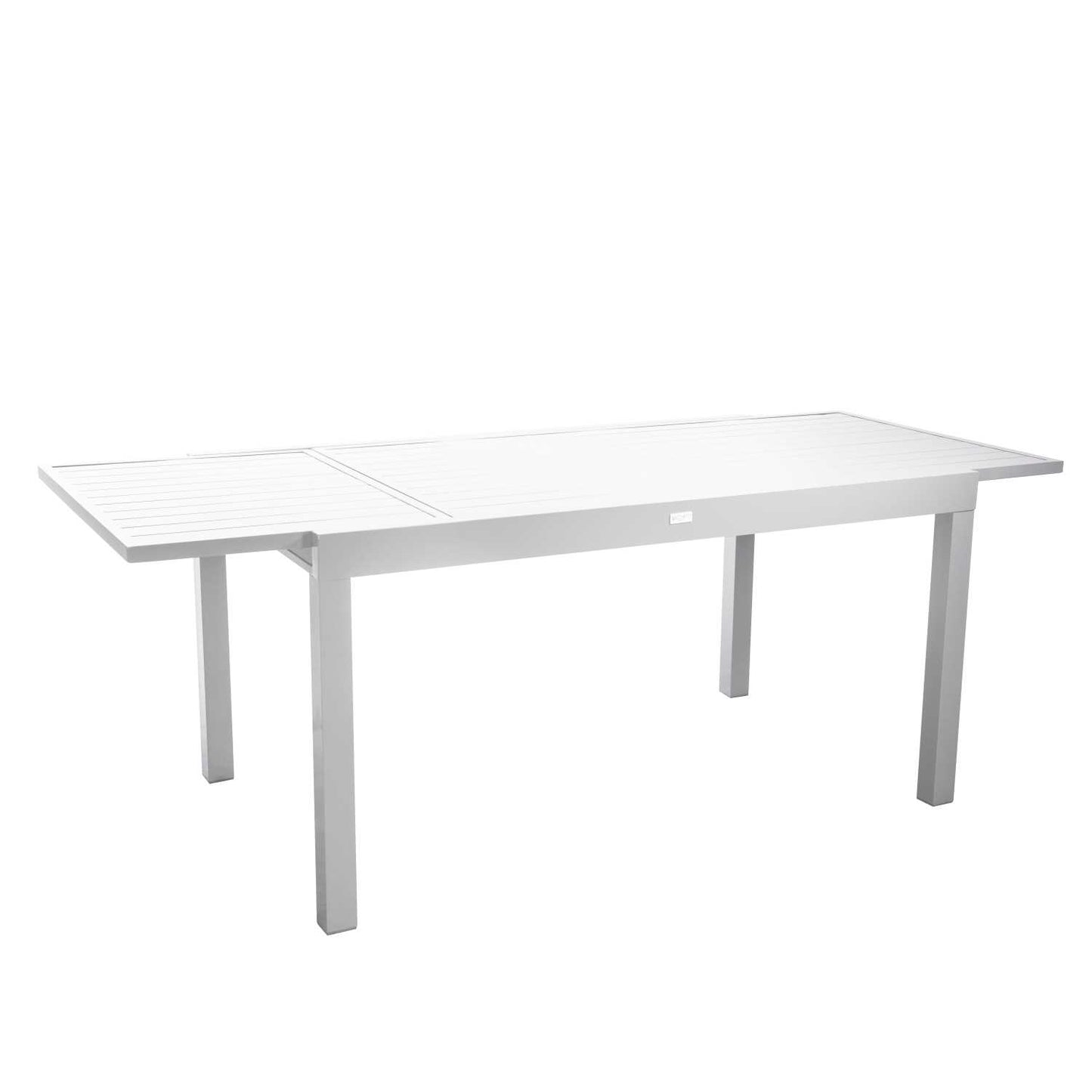 Mesa extensible Sullivan de aluminio en color blanco.