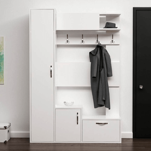 Mueble de entrada Seina blanco con zapateros y percheros