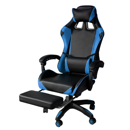 Silla gaming de oficina reclinable de ecopiel con reposapiés Azul y Negro 64x53x h123-133 cm
