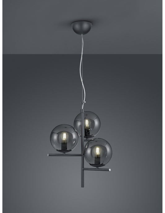 Suspensión 3 Luces Antracita Esferas Vidrio Ahumado Ø40 cm Pure Trio Lighting