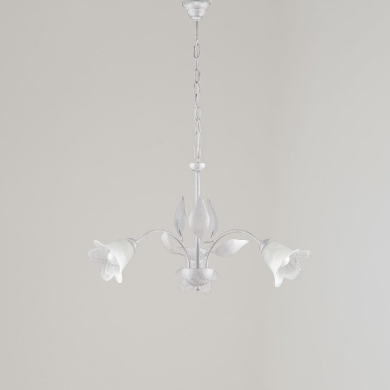 Lámpara de araña de hierro blanco plateado con tres luces de cristal de alabastro blanco 60x h43 cm