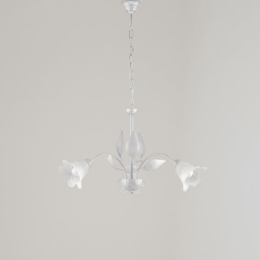 Lámpara de araña de hierro blanco plateado con tres luces de cristal de alabastro blanco 60x h43 cm