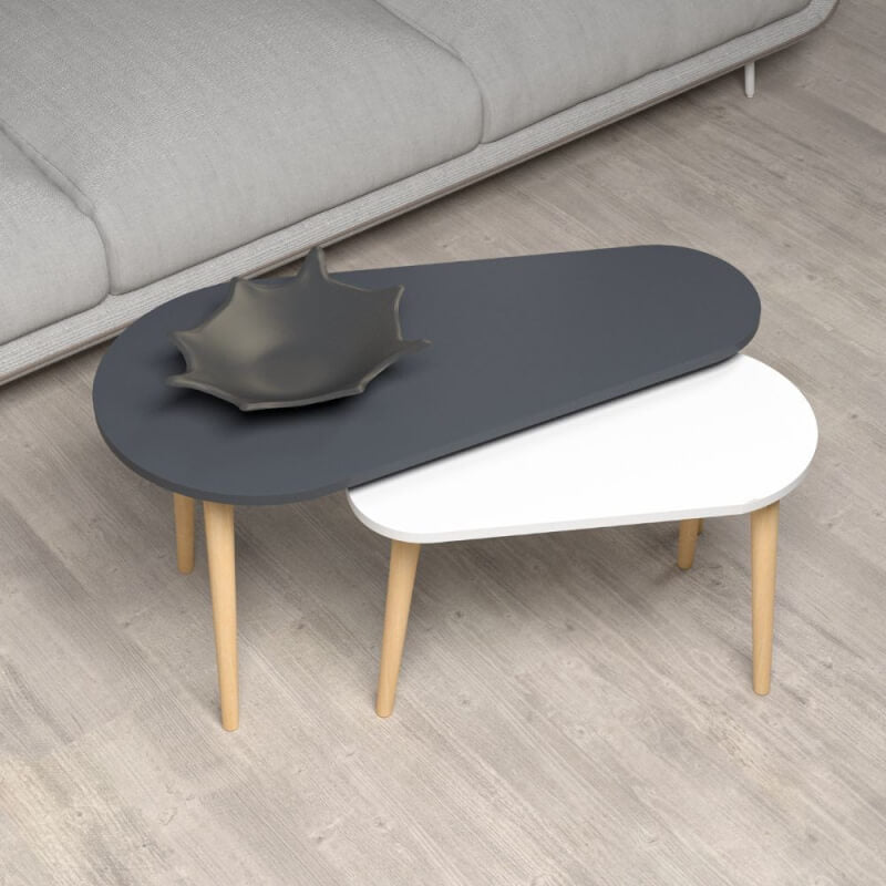 Mesa de centro doble Pear en blanco y antracita con patas de madera