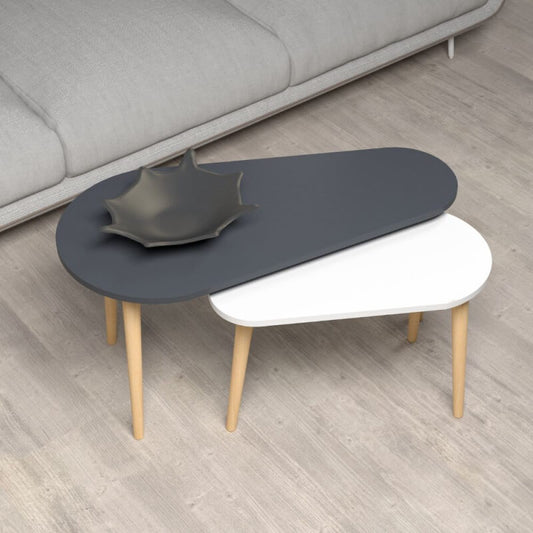 Mesa de centro doble Pear en blanco y antracita con patas de madera