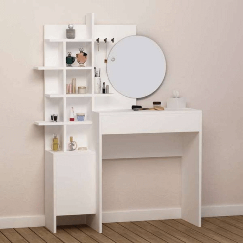 Tocador de maquillaje Mup blanco con compartimentos abiertos