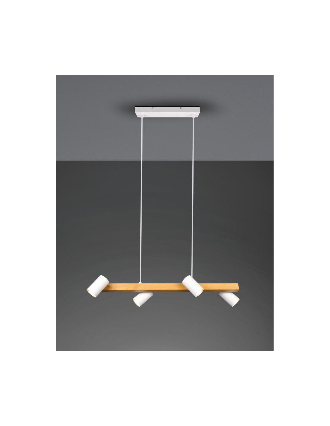 Lámpara de suspensión lineal de madera 4 focos cilíndricos orientables blanco Marley Trio Lighting